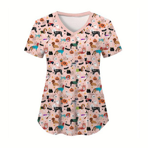 Hospital <b>Uniforms</b> Women <b>Scrub</b> Medical <b>Uniform</b> Women Print <b>Scrub</b> Top V-Neck Short Sleeve With Pockets <b>Scrub</b> Tops - Product Image 1