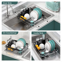 WIREKING Égouttoir à vaisselle extensible en acier au carbone pour évier, avec plateau de drainage, porte-assiettes, section à ustensiles, organisateur de cuisine portable