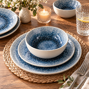 Juego de Vajilla de Porcelana de 12 Piezas, Impresión Digital 3D, Glaseado Reactivo Azul, Platos y Tazones de Cerámica, Ecológico, Apto para Microondas - Product Image 2