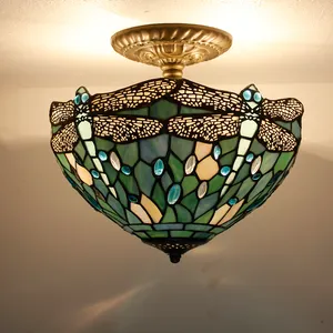12X11 inç vitray asılı fikstür lambaları deniz mavi yusufçuk tarzı Tiffany tavan lambası fabrika toptan işık