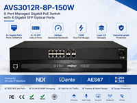 8 Portlu Gigabit Yönetilebilir PoE Switch Katman 2/3 AV Over IP Switch, 4 SFP Uplink, NDI, Dante ve AES67 Desteği ile