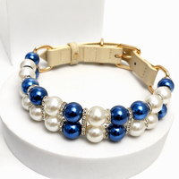 Collier pour chien en cuir grainé avec perles bleues, perles de strass, intercalaires en strass et boucle dorée pour chiens de grande, moyenne et petite taille