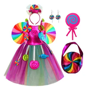 Halloween Lollipop Candy Princess Dress Para Meninas Com Headband Crianças Rainbow Party Performance Clothes