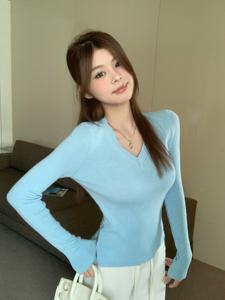 2025 primavera nuovo maglione lavorato a maglia a maniche lunghe con scollo a V aderente Top da donna a maniche lunghe - Product Image 4