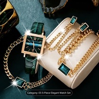 Ensemble de bijoux pour femmes, montre carrée en or, cristal rectangulaire vert, montre-bracelet à Quartz, collier, boucles d'oreilles, Bracelet, cadeau pour dames, 5 pièces
