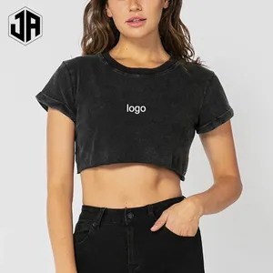 Fashion Active Wear Women T Shirts Cotton Crop Tops Acid Washing T Shirts For Women