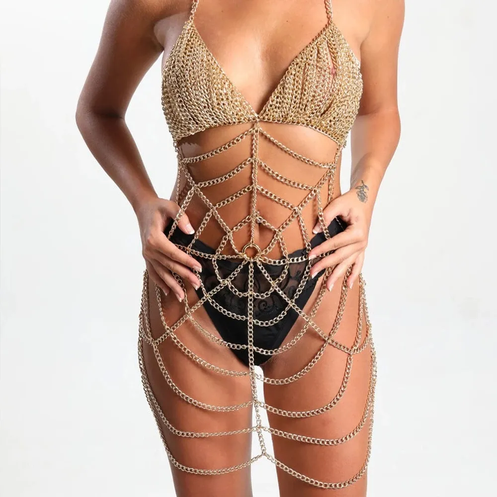Spider Web Heavy Metal Body Chain Dress Long Skirt Sexy Alloy Lingerie Chain Beach Bikini Bra Harness