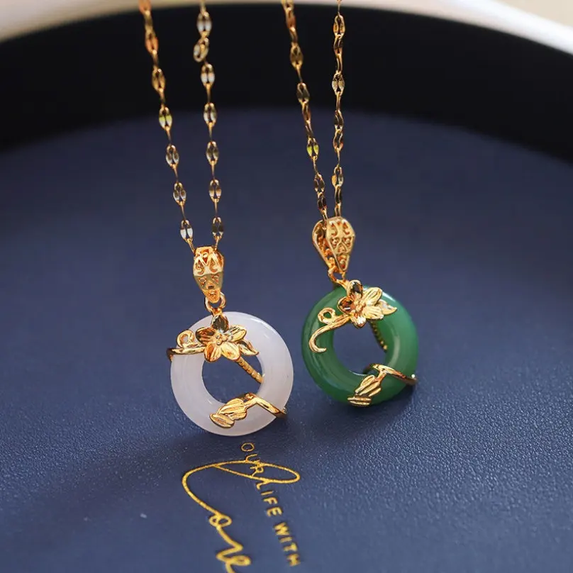 Pingente de jade de ouro 18k, alta qualidade, verde, corrente de clavícula, fivela redonda, colares de aço titânio, para mulheres