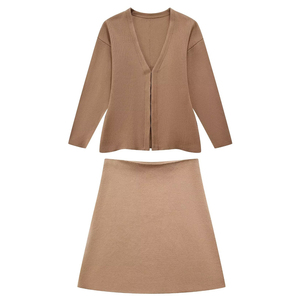 Spring Latest Design Woollen Ribbed Button Cardigan Mini <strong>Dress</strong> Knitted Two Piece Set Skirt - Product Image 6