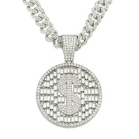 Collier pendentif rond en zircon cubain unisexe NL2257 en dollars américains, plaqué or, alliage de zinc, chaîne à maillons, cadeau
