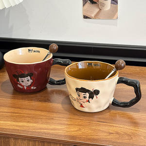 Nezha Ceramic <b>Mug</b> With Spoon Cartoon Design Red Beige Color For Gift Office Home Use - Product Image 1
