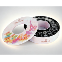 Boîte à bonbons ronde en métal blanc vide avec couvercle, design macaron, décorative, vente en gros, directement de l'usine, approvisionnement en vrac