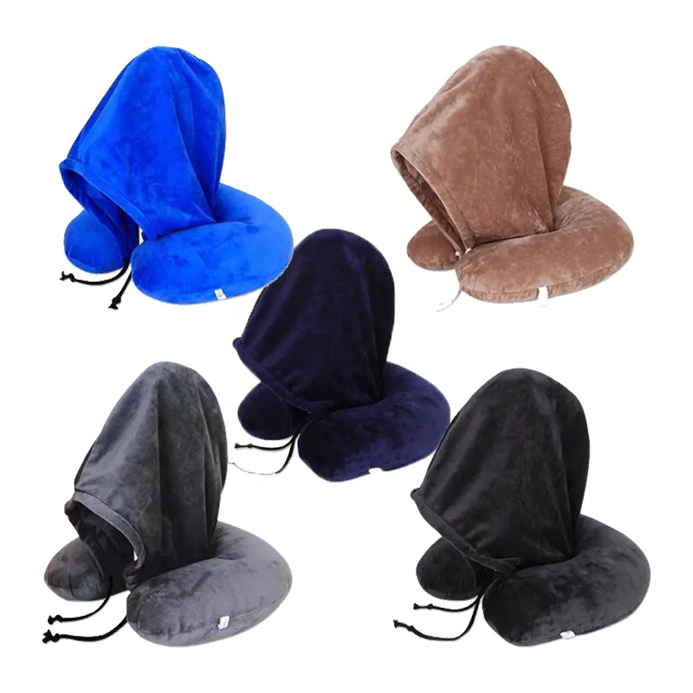 High Quantity Custom U-Shape Pillow With Head Hood New Comfortable Hoody Memory Foam Neck Pillow Travel Pillow with Hat