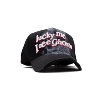 Sombrero G5 Fino, Gorra de Béisbol Deportiva de 5 Paneles en Gamuza con Bordado 'Lucky Me I See Ghosts' y Diseño Desgastado