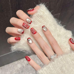 Faux ongles du <span class=keywords><strong>Nouvel</strong></span> <span class=keywords><strong>An</strong></span> chinois, ongles artificiels rouges et dorés, effet feu d'artifice, diamant, faits à la main, à presser - Product Image 2
