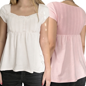 T-shirt décontracté pour femme, tricoté, écologique, à manches courtes, avec dentelle, couleur unie, col carré, taille haute, coupe ajustée, idéal pour l'été - Product Image 1