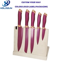 Ensemble de couteaux de chef Royal Swiss Line 6 pièces en acier inoxydable, couleur pastel, avec manche et support colorés pour une utilisation en cuisine
