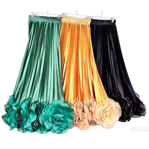 Nuova <span class=keywords><strong>Gonna</strong></span> <span class=keywords><strong>Lunga</strong></span> a Vita Alta con Elastico, Linea ad A, con Rose Tridimensionali, Pieghe e Bordo Arricciato, Stile Elegante - Product Image 1