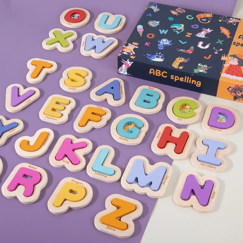 モンテッソーリA-Z子供木製漫画動物アルファベットゲームモンテッソーリ教育レターマッチングジグソーパズルおもちゃ子供のための