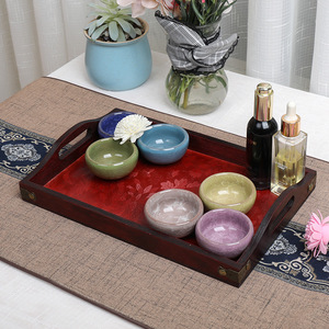 Rectangular Wooden Serving <b>Tray</b> Red Color For <b>Tea</b> Coffee Hotel Use With Handles Storage Plate - Product Image 2