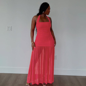 Y0560 Nouvelle Robe Femme Tendance à Col Halter, Dos Nu, Plissée, Double Couche, Sexy et Ajustée - Product Image 3