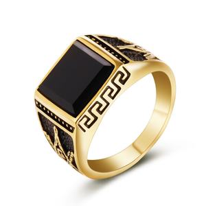 Anillo Masónico Clásico de Acero Inoxidable, Chapado en Oro, con Ágata Negra, Anillo Masónico AG para Hombre, Joyería con Símbolos del Sol y la Luna - Product Image 1