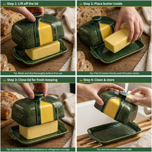 Pot à beurre en céramique gaufrée verte avec couvercle, boîte de rangement pour beurre à texture tissée 3D colorée pour la cuisine - Product Image 6