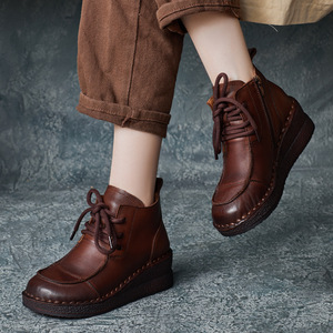 Bottines à talon chaton pour femme, style britannique, nouvelle collection automne-hiver, en cuir de vachette fait main, à lacets croisés, montantes à la cheville, type Chukka - Product Image 1