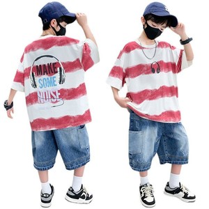Set Estivo per Ragazzi: Camicia a Righe Rosse e Bianche + Pantaloncini in Denim, 2 Pezzi, Completo Casual alla Moda - Product Image 2
