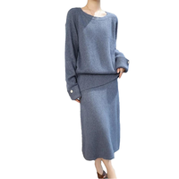Femmes Polyester/coton automne décontracté ample solide bouton pull jupe ensemble col rond pull enveloppement hanche jupe deux pièces tenues
