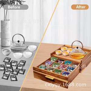 Boîte de rangement de bureau en bois, style tiroir, pour sachets de thé, sachets de sucre et autres accessoires de thé, avec trous pour accrocher une poignée. - Product Image 4
