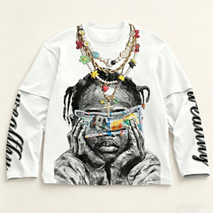 T-Shirt da Uomo con Stampa Grafica Stile Street <span class=keywords><strong>Hiphop</strong></span>, Collo Tondo, 2 in 1, Manica Lunga, Abbigliamento Autunnale Maschile - Product Image 3