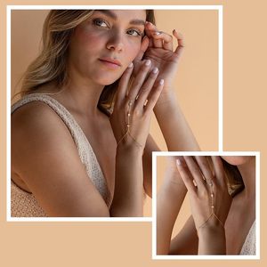 18K PVD <b>Gold</b> Plated Stainless Steel Hand Chain <b>Bracelet</b> with CZ <b>Beads</b> | Adjustable Ring Connector Slave <b>Bracelet</b> for Women - Product Image 5