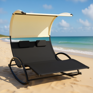 Chaise longue double avec auvent en textilène noir et crème, mobilier d'extérieur, chaise de plage inclinable - Product Image 2