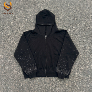 Sudadera con capucha y cremallera para hombre, 100% algodón, felpa francesa, transpirable, con pedrería, y pantalón de chándal con logo DTG, informal, para otoño. - Product Image 2