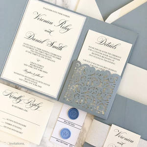 Suite d'invitation de mariage élégante à paillettes bleu poussiéreux découpées au laser à trois volets pour anniversaire Sweet 15 16 - Product Image 2