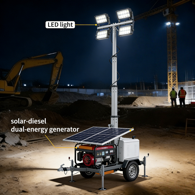 Solar-Diesel Hybrid Mobile Light Tower 6x200W LED for Construction Site & Rural Road Emergency