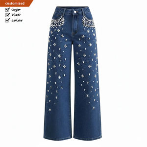 Pantalones Vaqueros Casuales de Corte Recto con Cuentas para Mujer, Ajuste Holgado - Product Image 3