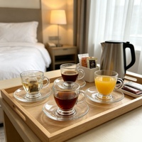 Set Cangkir Kopi dan Piring Kaca Bening 6 Buah Populer dengan Gagang, Mug Teh untuk Espresso Latte dan Peralatan Meja Kafe Rumah