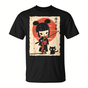 T-shirt mignon de style Kawaii avec une fille samouraï, une katana et un chat, inspiré de l'anime japonais - Product Image 2
