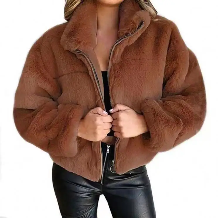 Chaqueta corta de talla grande para mujer al por mayor, cárdigan con cremallera de piel sintética de conejo para Otoño e Invierno 2024, abrigo cálido de felpa, chaquetas