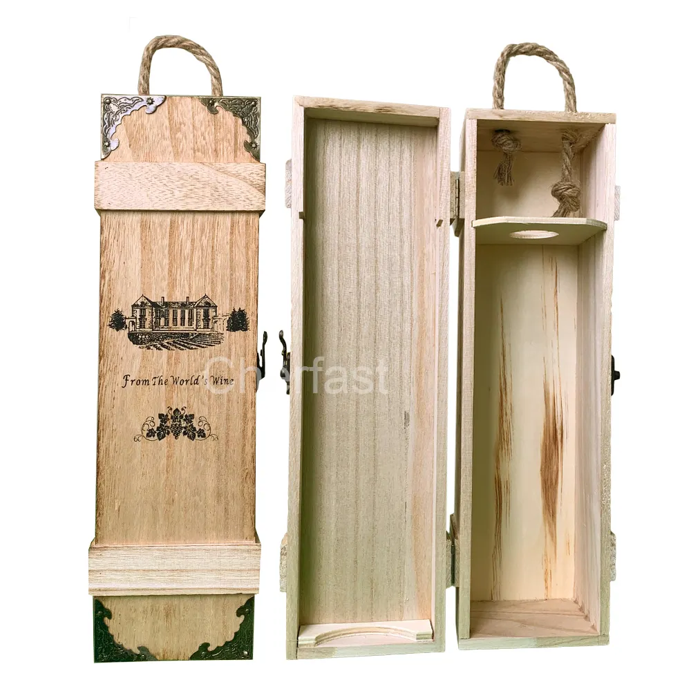 Caja de madera de pino con grabado láser ligero, estuche de regalo con cierre con bisagras para una sola botella de vino