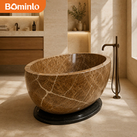 Baignoire ovale autoportante en marbre brun veiné blanc, base foncée polie, pour salle de bain moderne et luxueuse