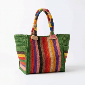 Striped <b>Raffia</b> Tote Bag Bohemian <b>Handbag</b> Water-Resistant Open Top Cotton Lining Portable for Spring Beach Travel Daily Use - Product Image 1