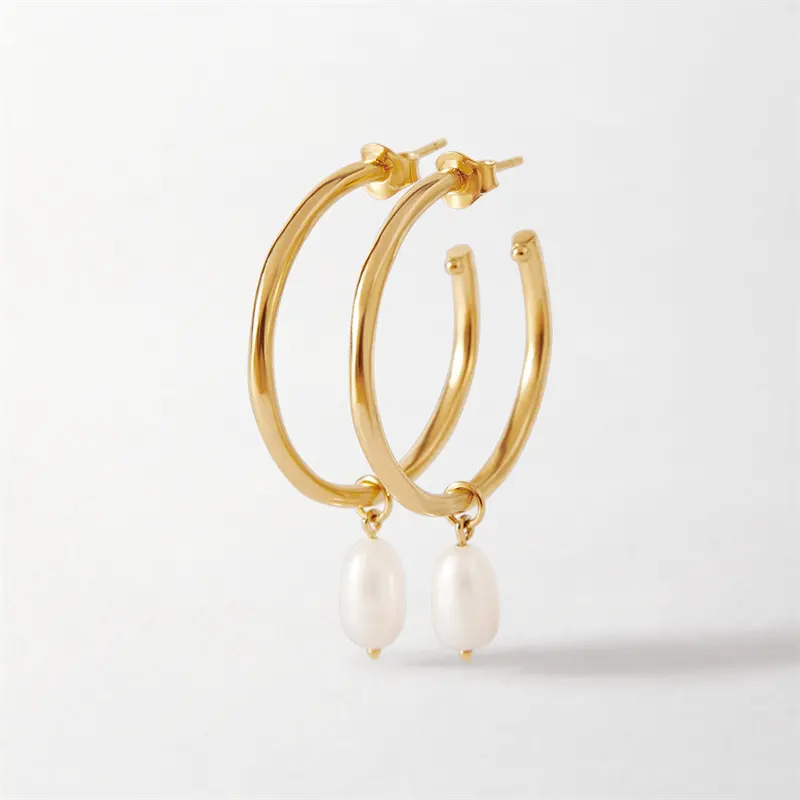 Femininit fresh pearl drop hoop earring women Dainty 18k gold plated stainless steel hoop earrings waterproof 2022 new jewelry