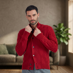 Men's Winter Cardigan Braided Buttons Sweater Long Sleeves Cashmere Merino <b>Wool</b> Anti-Pilling Made Italy Turtleneck Single Button - Product Image 2