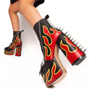 Rivets Patchwork <b>Round</b> <b>Toe</b> Women Platform Short Boots Side Zipper Ankle Booties High Chunky <b>Heels</b> Shoes Customized - Product Image 5