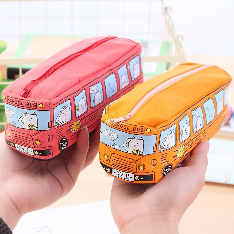 Fashion cartoon canvas cute pencil case box pen bag for primary students Creative Bus School Stationery Pencil box