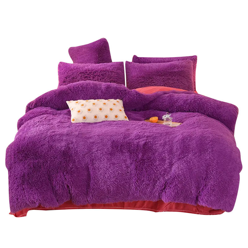 4pcs thick flannel fleece velvet duvet cover soft deep purple queen king size winter bedding set for home