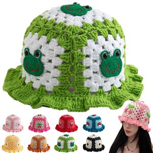 MADESHINE <span class=keywords><strong>Bonnet</strong></span> pour femme tricoté multicolore Floral fraise <span class=keywords><strong>grenouille</strong></span> <span class=keywords><strong>Crochet</strong></span> Ruffle Beanie fait à la main creux ajouré tricot seau chapeau - Product Image 1